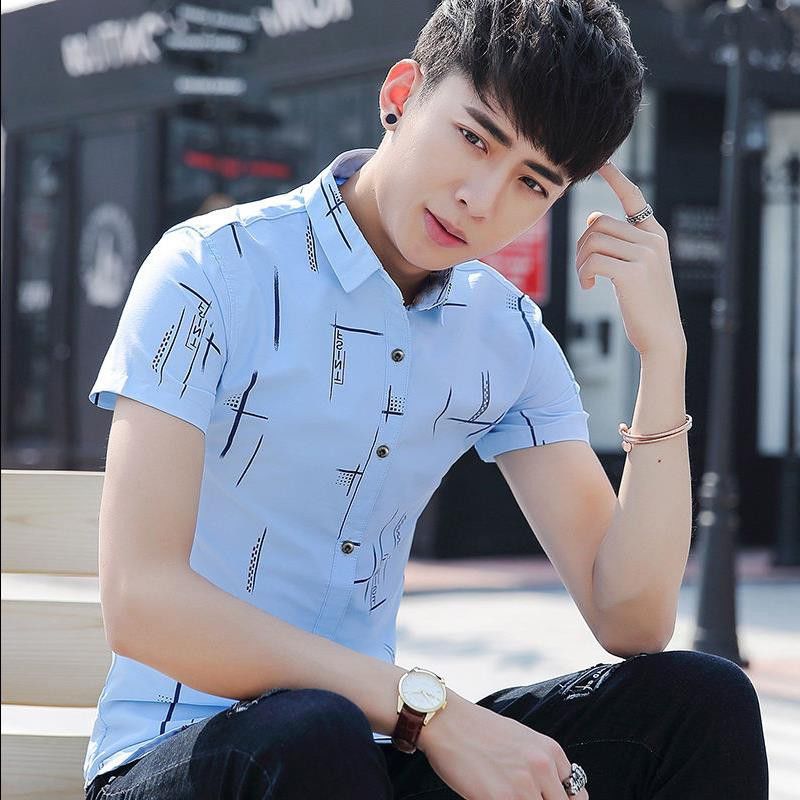 Short sleeve shirt men's summer slim solid color youth inch shirt half cut half sleeve thin slim Korean fashion shirt