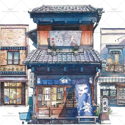 东京店铺水彩手绘插画 钢笔淡彩 动漫场景 绘画设计参考素材