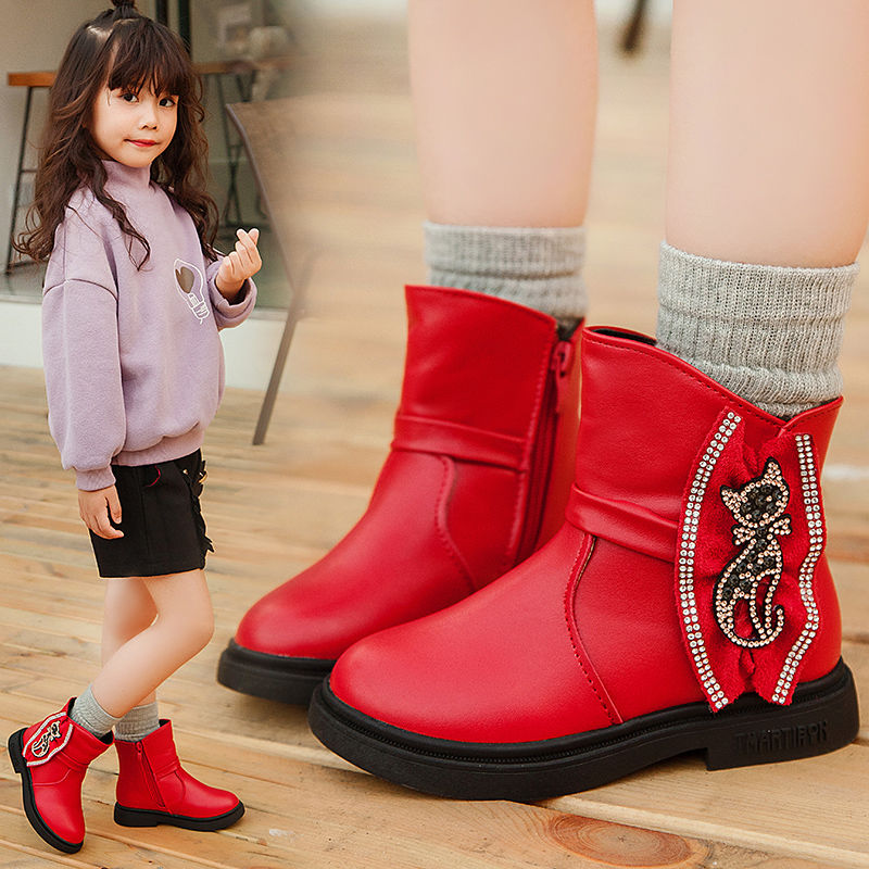 女童靴子2019秋冬季新款韩版小女孩加绒棉鞋中大童皮面儿童马丁靴
