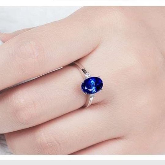 祖母蓝宝石纯银戒指女 银色戒指 开口戒指