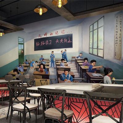 3d复古80年代童年教室马路边边壁纸烧烤串串市井火锅餐厅饭店墙纸