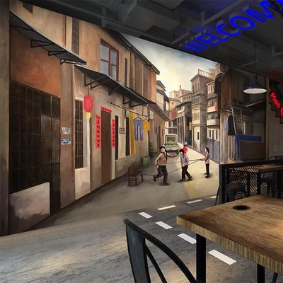 3d怀旧街道马路边边壁纸市井火锅麻辣烫串串香烧烤店饭店背景墙纸