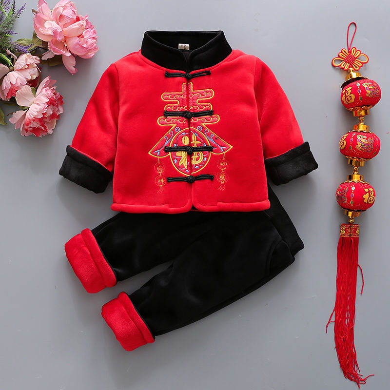 男女宝宝唐装婴儿童秋冬装加绒加厚中国风汉服过年衣服洋气外套装【2