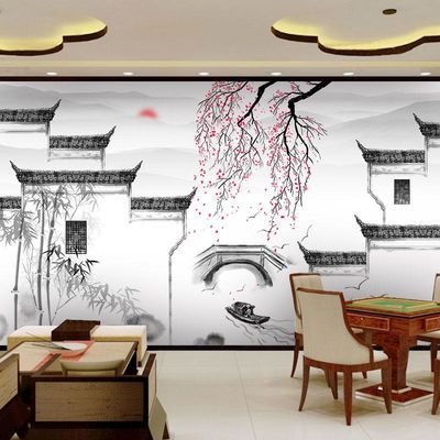 徽州建筑墙纸江南水乡复古徽派壁画仿古装修风格饭店餐厅包厢壁纸