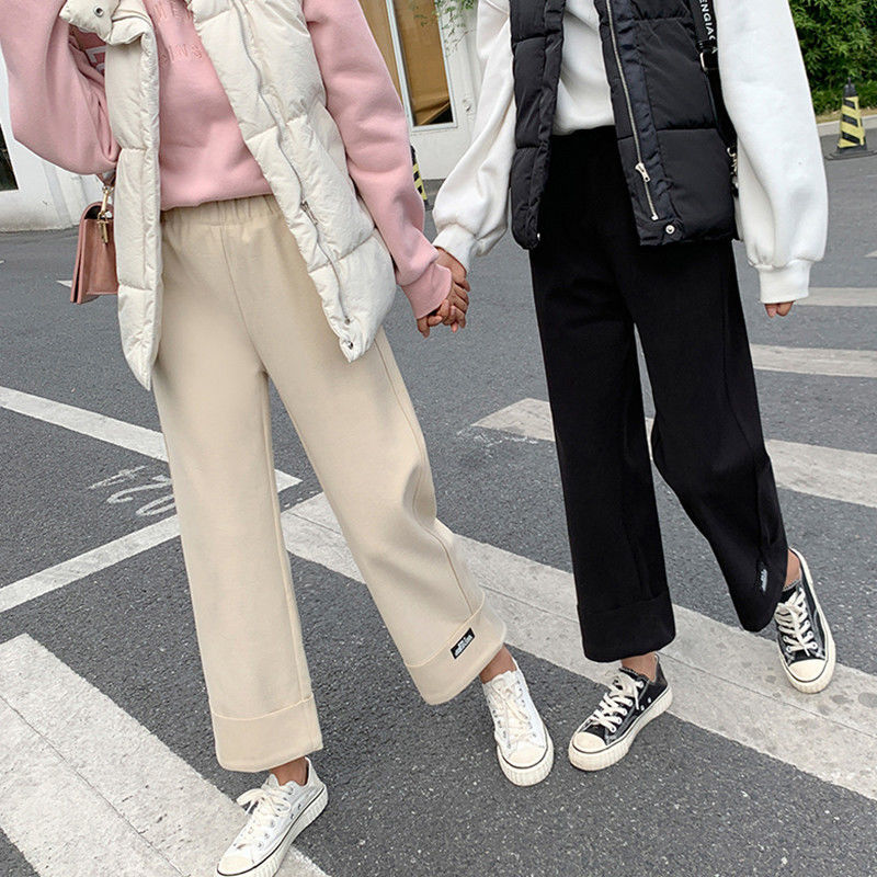 毛呢裤子女学生韩版宽松阔腿裤高腰秋冬季百搭九分加厚休闲裤2019