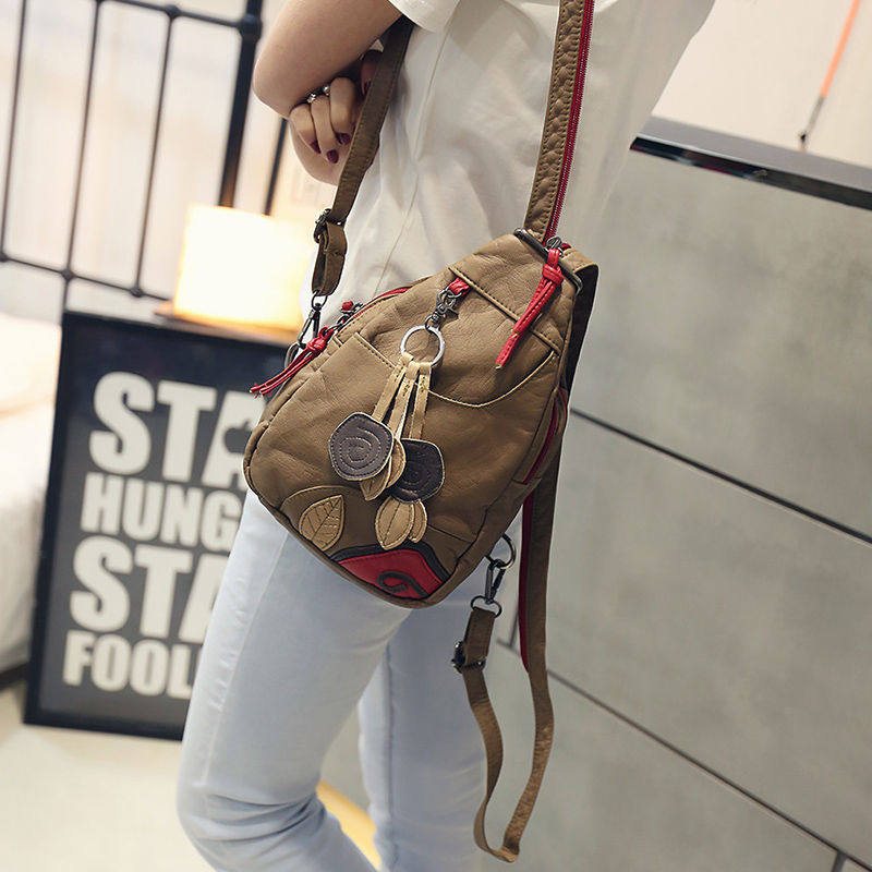 Summer women's small backpack washed leather soft leather backpack women's Korean single and Double Shoulder Bag Mini leisure chest bag