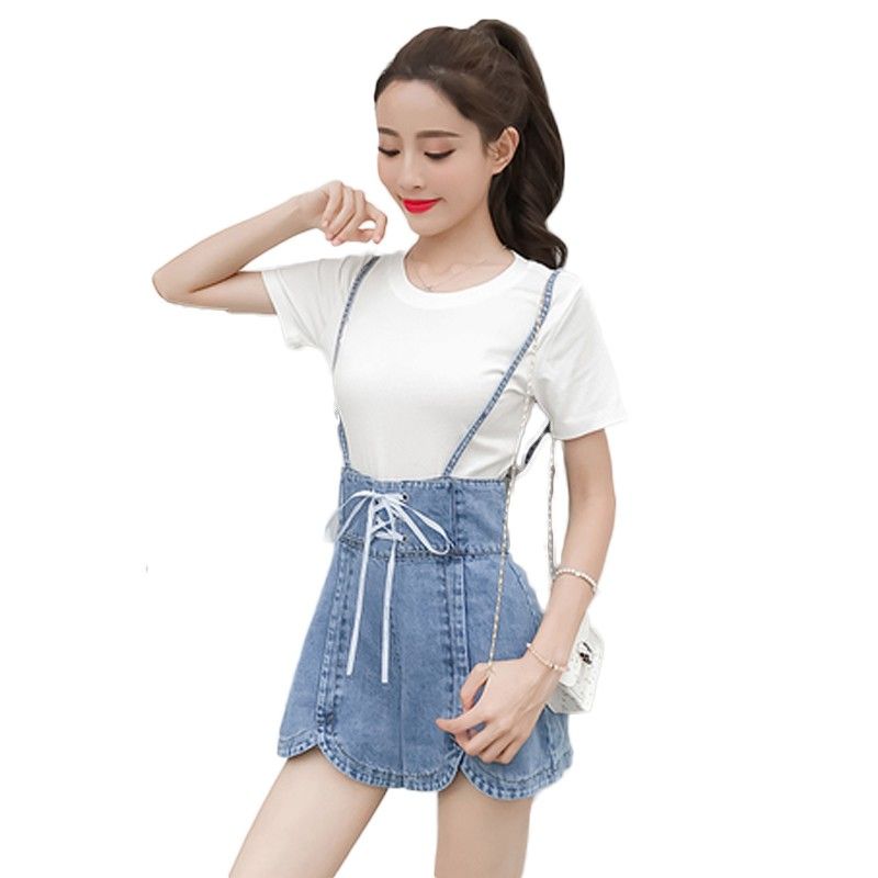 Suspenders NEW female student Korean loose and thin suspenders Jeans Shorts wide leg pants two piece suit fashion