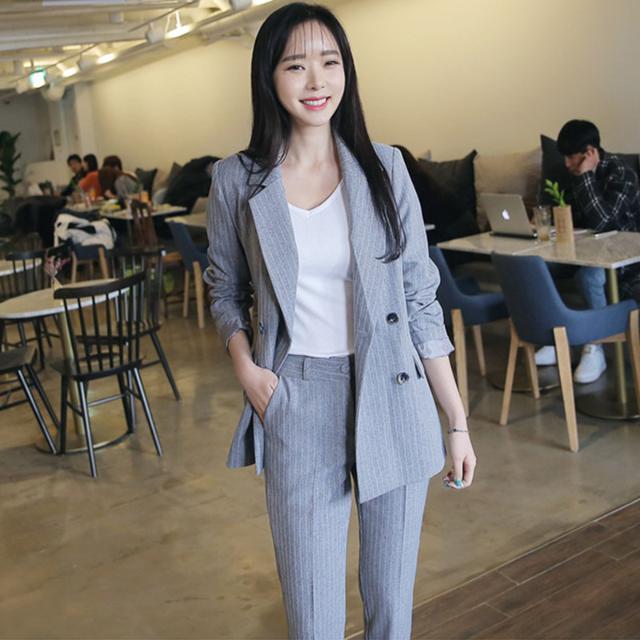 Striped suit women's net red fashion Korean student temperament new slim suit two piece summer pants