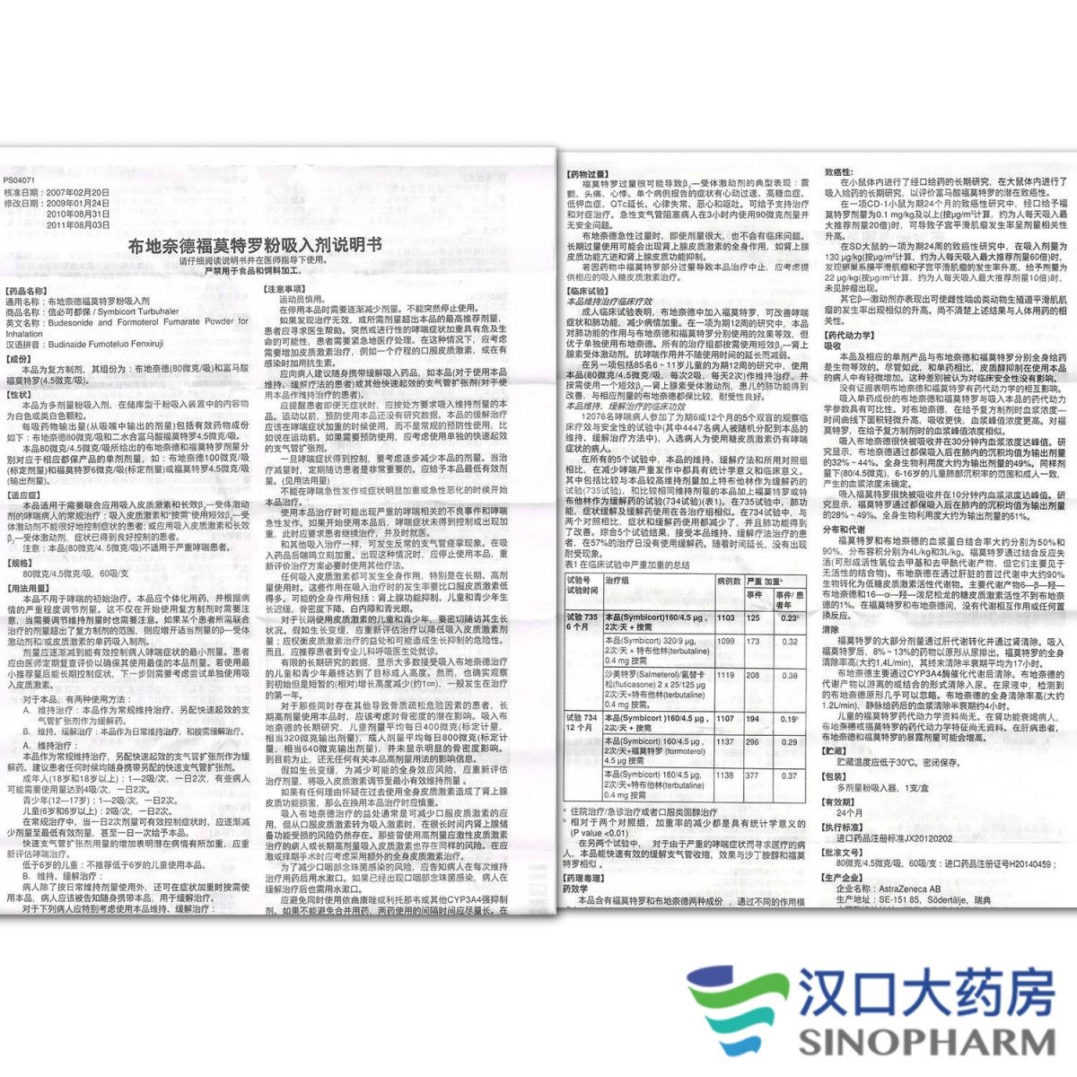 说明书;药品通用名 布地奈德福莫特罗粉吸入剂;药品商品名 信必可都保