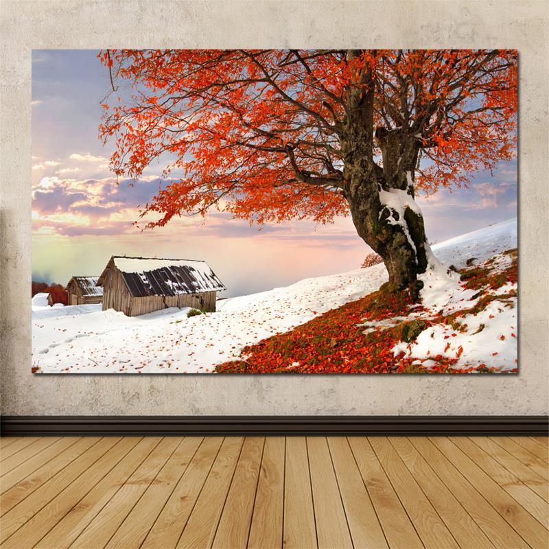 雪景海报枫树落叶小木屋雪山景色风景装饰画客厅中堂墙贴挂壁画