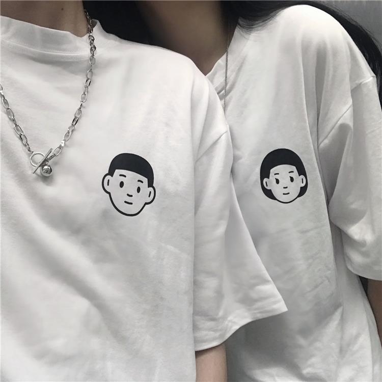 100% cotton summer Korean couple's T-shirt hand painted cartoon characters simple loose short sleeve t-shirt female students super