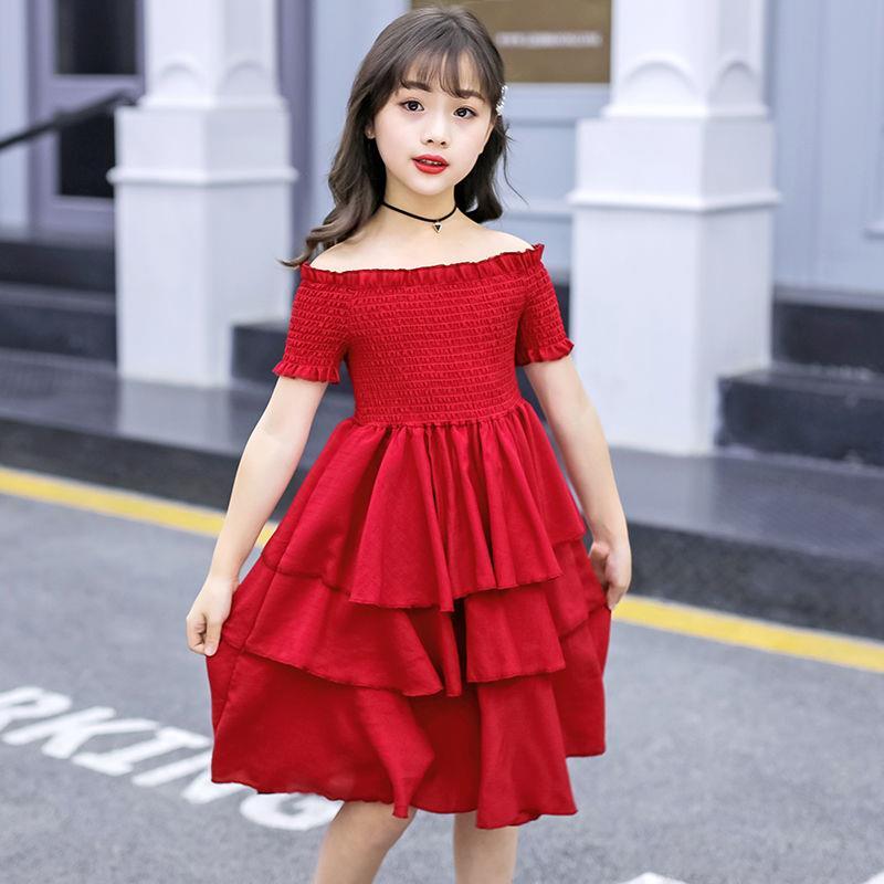 Girls Summer Dress super foreign style dress Korean one shoulder cake skirt Chiffon off shoulder long skirt princess skirt