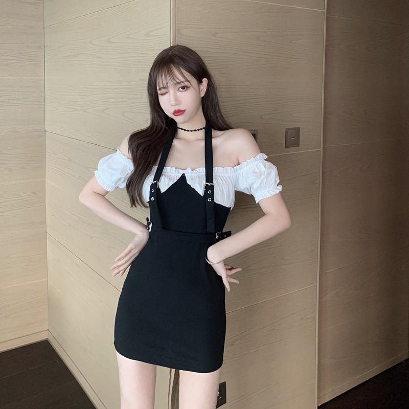 One line shoulder neck dress women's new slim two pieces skirt summer temperament skirt