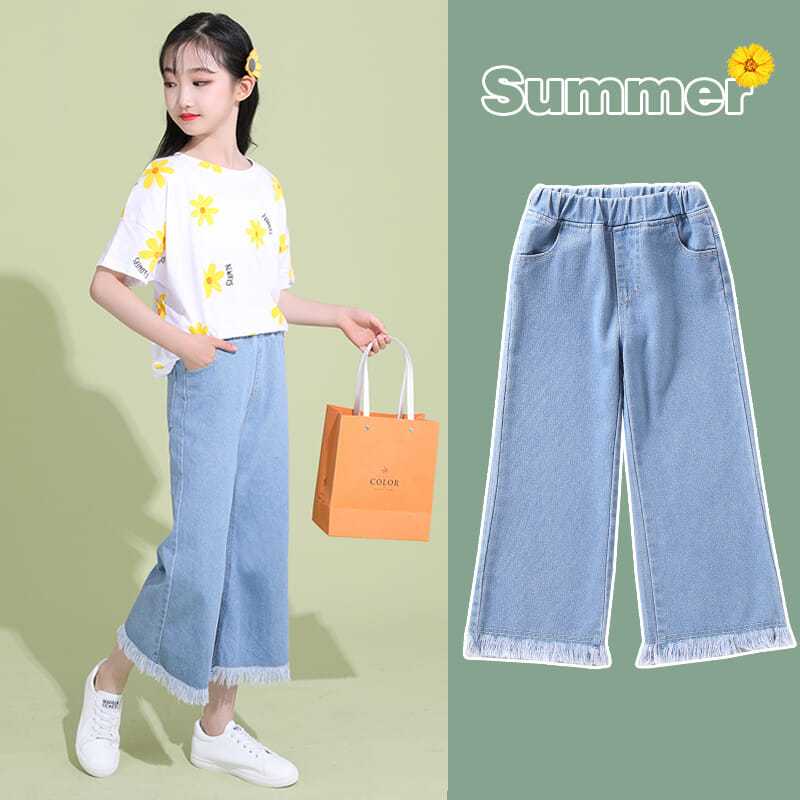 Girls' jeans Capris summer thin children's wear medium and big children's Pants Girls' foreign style Korean loose wide leg pants
