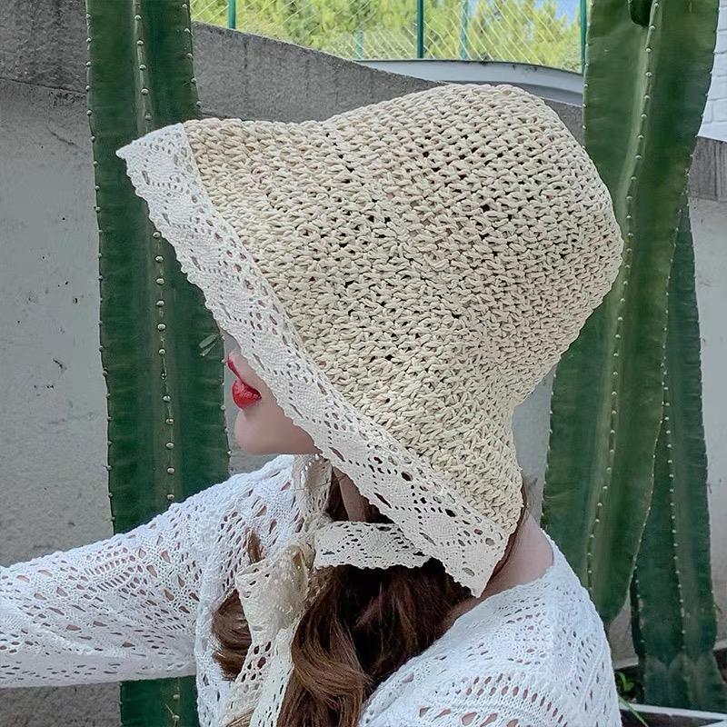 Net red straw hat female summer lace lace Beach Hat small fresh seaside travel holiday sun protection and sunshade hat bandage