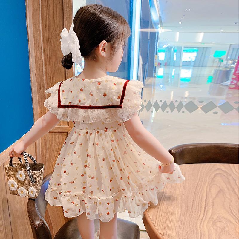 Children's summer new girl's exotic peach heart lace collar dress children's Korean chiffon skirt princess skirt