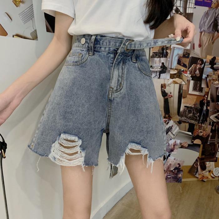 Popular pants women's summer new Korean version loose high waisted thin perforated jeans wide leg shorts