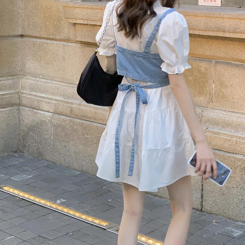 Retro French bubble sleeve dress women's 2021 summer new Korean style thin denim suspender skirt