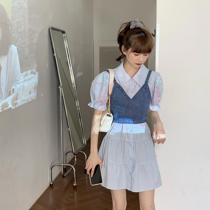 Retro French bubble sleeve dress women's 2021 summer new Korean style thin denim suspender skirt