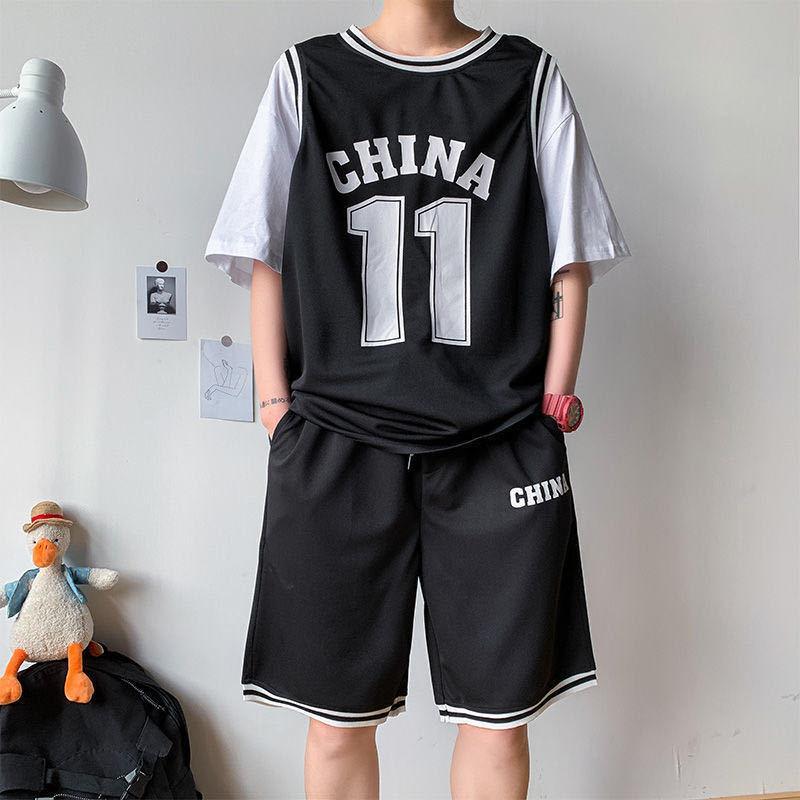 Short sleeve suit fake two piece basketball sport T-shirt men's T-shirt shorts polyester training suit running fitness loose T-shirt