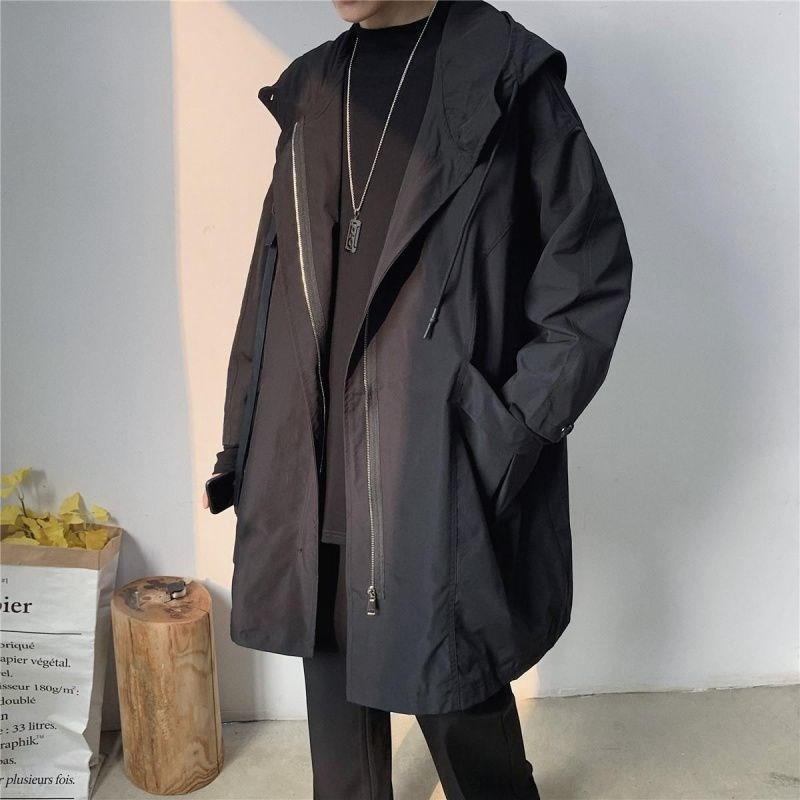 Tooling coat men's autumn and winter new Hong Kong Style ruffian handsome windbreaker jacket loose fashion brand medium long hooded jacket