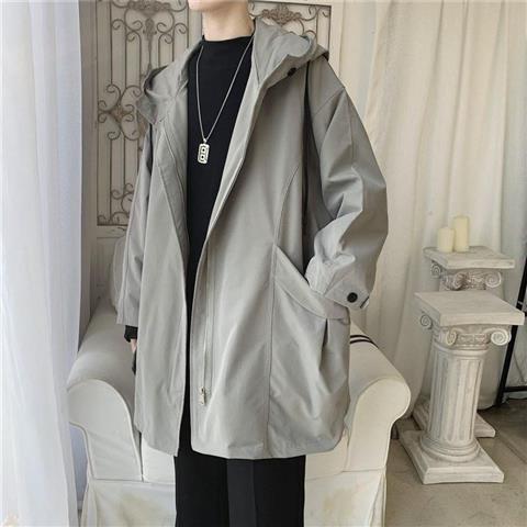 Tooling coat men's autumn and winter new Hong Kong Style ruffian handsome windbreaker jacket loose fashion brand medium long hooded jacket