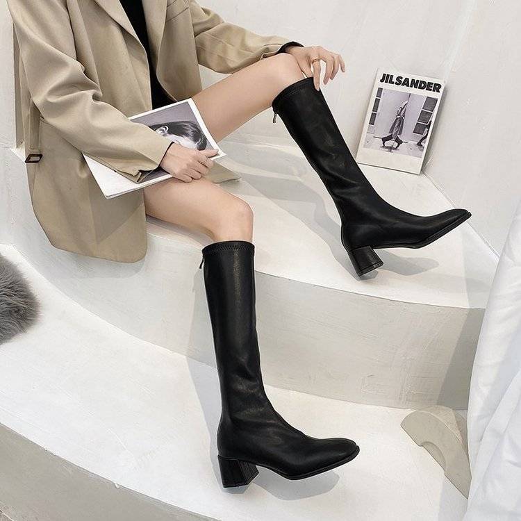 Long boots women's knee length winter new plush square head long tube small thick heel thin boots Knight high tube boots