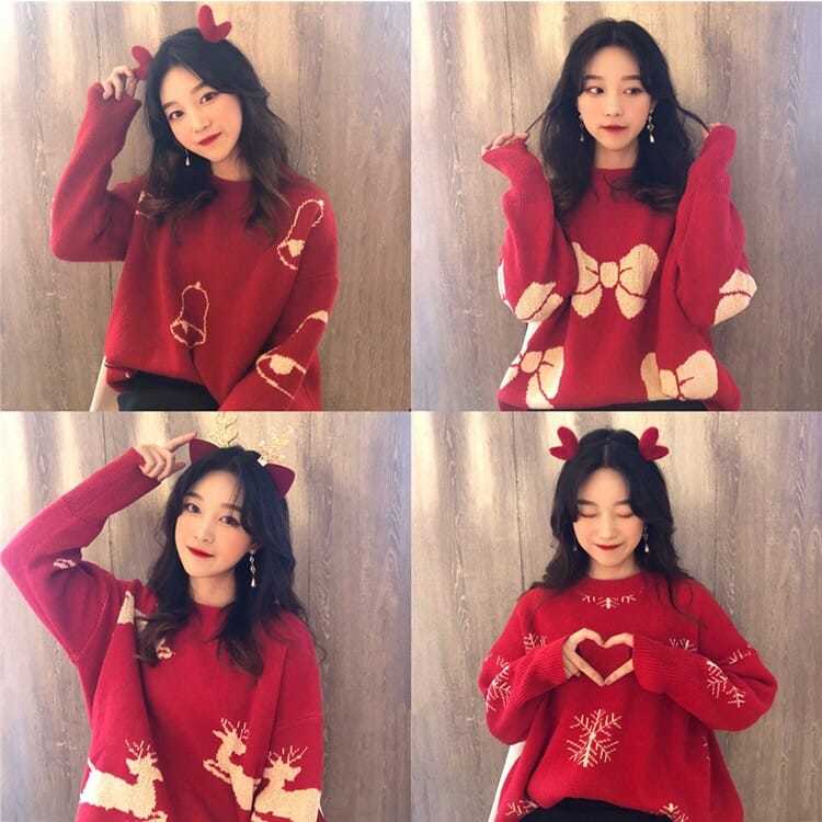 Lazy style Christmas red sweater women's Pullover autumn and winter new Korean versatile wear loose knit