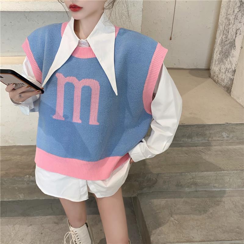 Two piece suit / single spring and autumn new student baby collar long sleeve shirt + knitted vest vest vest blouse