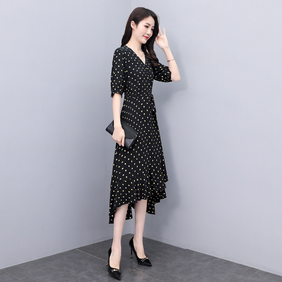 75770-丝柏舍2021秋季新款圆点淑女修身时尚气质优雅小清新女士连衣裙H-详情图
