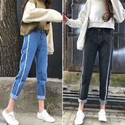 牛仔裤女夏新款少女破洞裤韩版学生黑色紧身直筒九分裤牛仔裤女