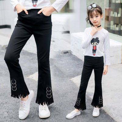 【新品】女童裤子2018春秋新款3-15岁儿童黑色喇叭裤弹力修身长裤
