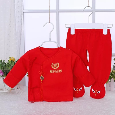 新生儿大红吉祥套装纯棉喜庆满月服婴幼儿春秋冬衣服包?#30424;?#35013;0-35