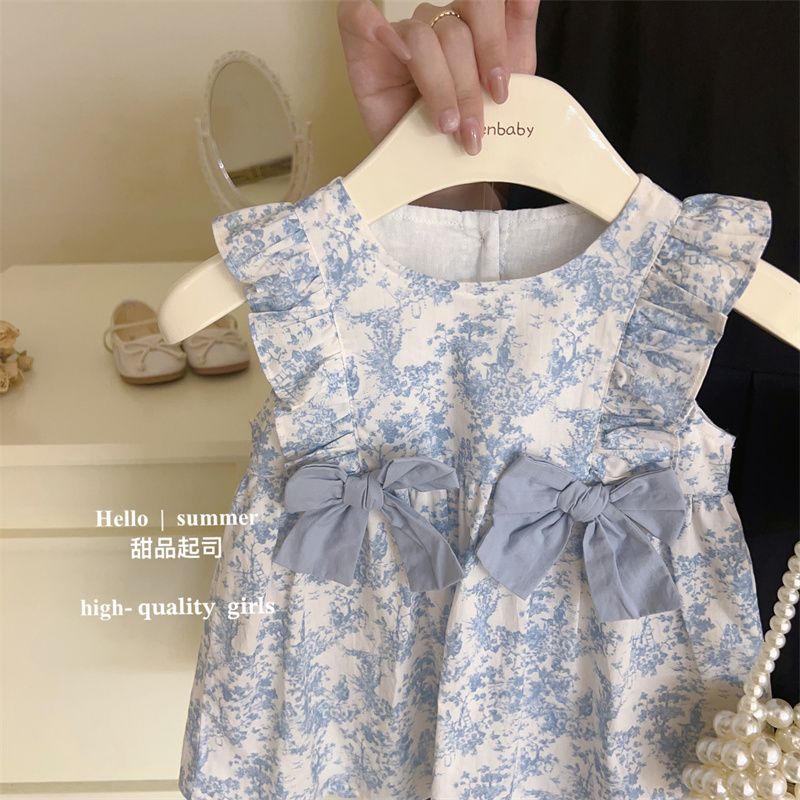 Sweet Mom's Girl's French Retro Floral Dress Summer New Style Children's Fashionable Bow Princess Dress