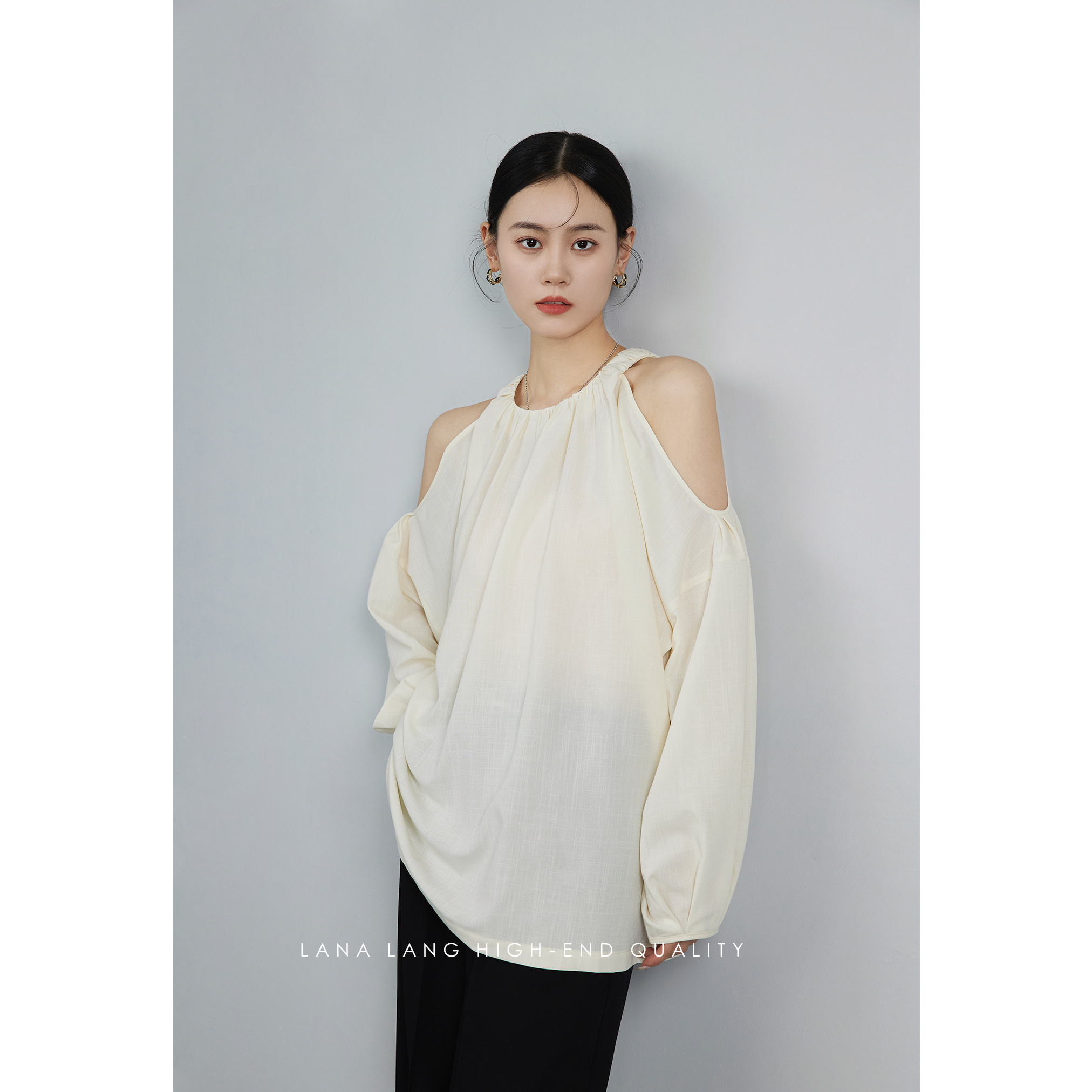 Lana Lang淺黃色露肩襯衣女2023春裝新款法式寬鬆設計感襯衫上衣