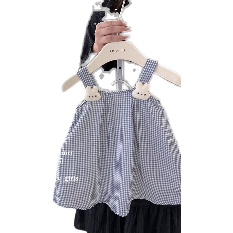韩国女童吊带裙2023夏季新款格子娃娃衫宝宝小清新风小兔背心裙子
