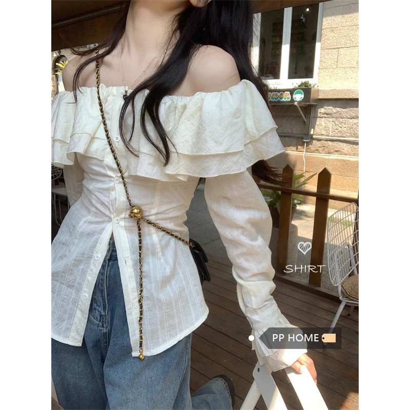 PPHOME純美香香~荷葉邊收腰雪紡衫女夏季兩穿一字肩韓系襯衫上衣