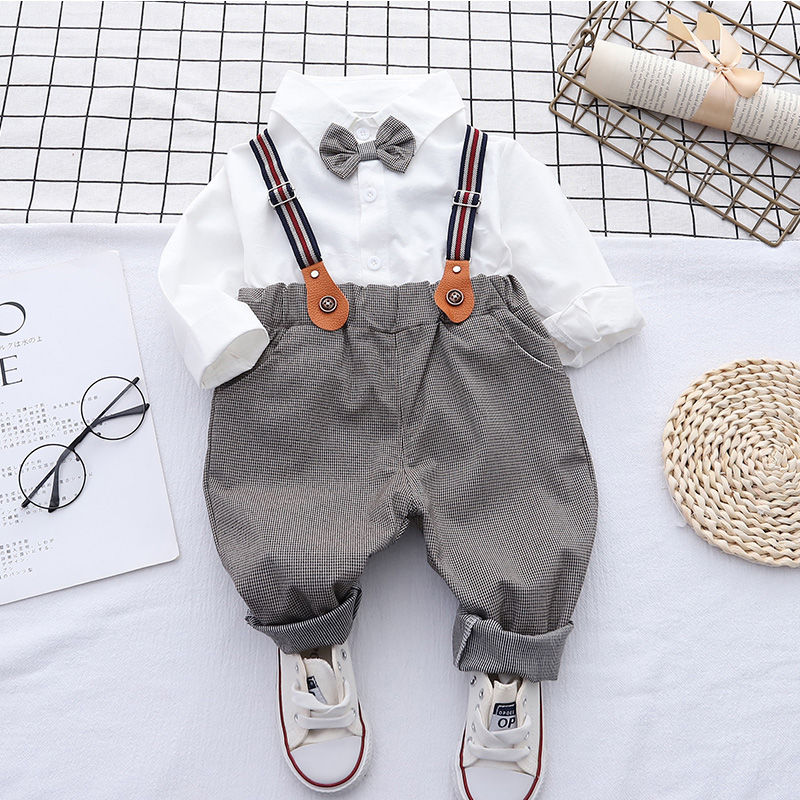 英伦风婴儿衣服春装套装0一3岁男宝宝周岁礼服儿童背带裤两件套潮