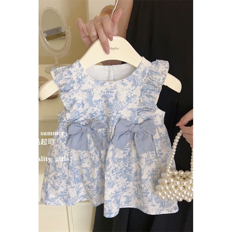 Sweet Mom's Girl's French Retro Floral Dress Summer New Style Children's Fashionable Bow Princess Dress