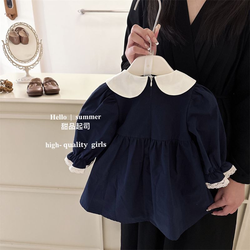 Baby girl French doll collar rabbit embroidery  autumn long-sleeved navy blue preppy skirt princess dress