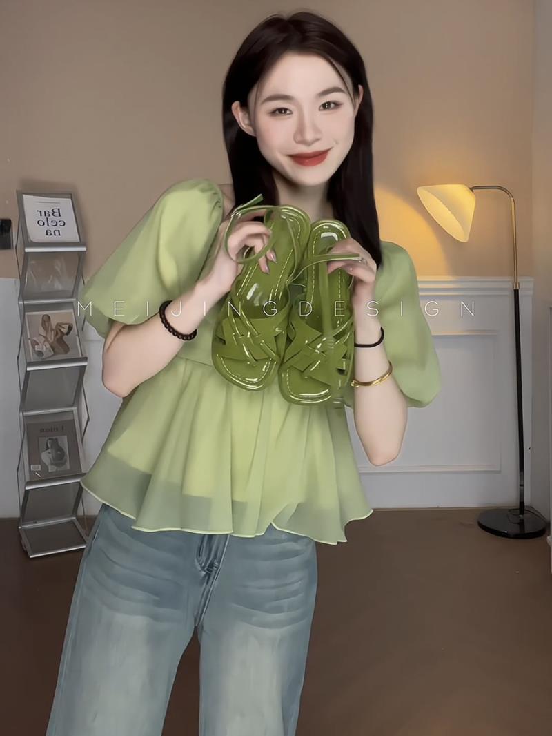 French one-word collar off-the-shoulder sweet chiffon green shirt women's  summer new slim fit thin cover belly top