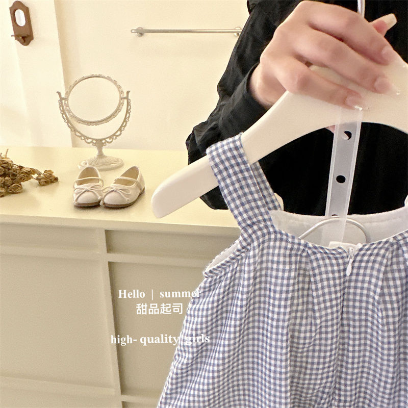 Korean girls suspender skirt  summer new plaid doll shirt baby small fresh style bunny vest skirt