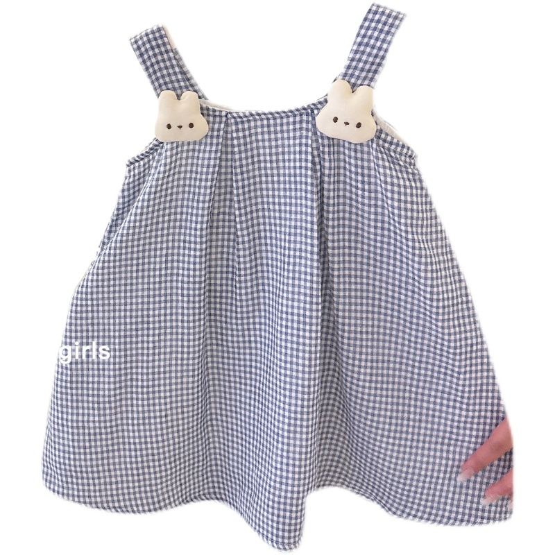 韩国女童吊带裙2023夏季新款格子娃娃裙宝宝小清新风可爱小兔裙子
