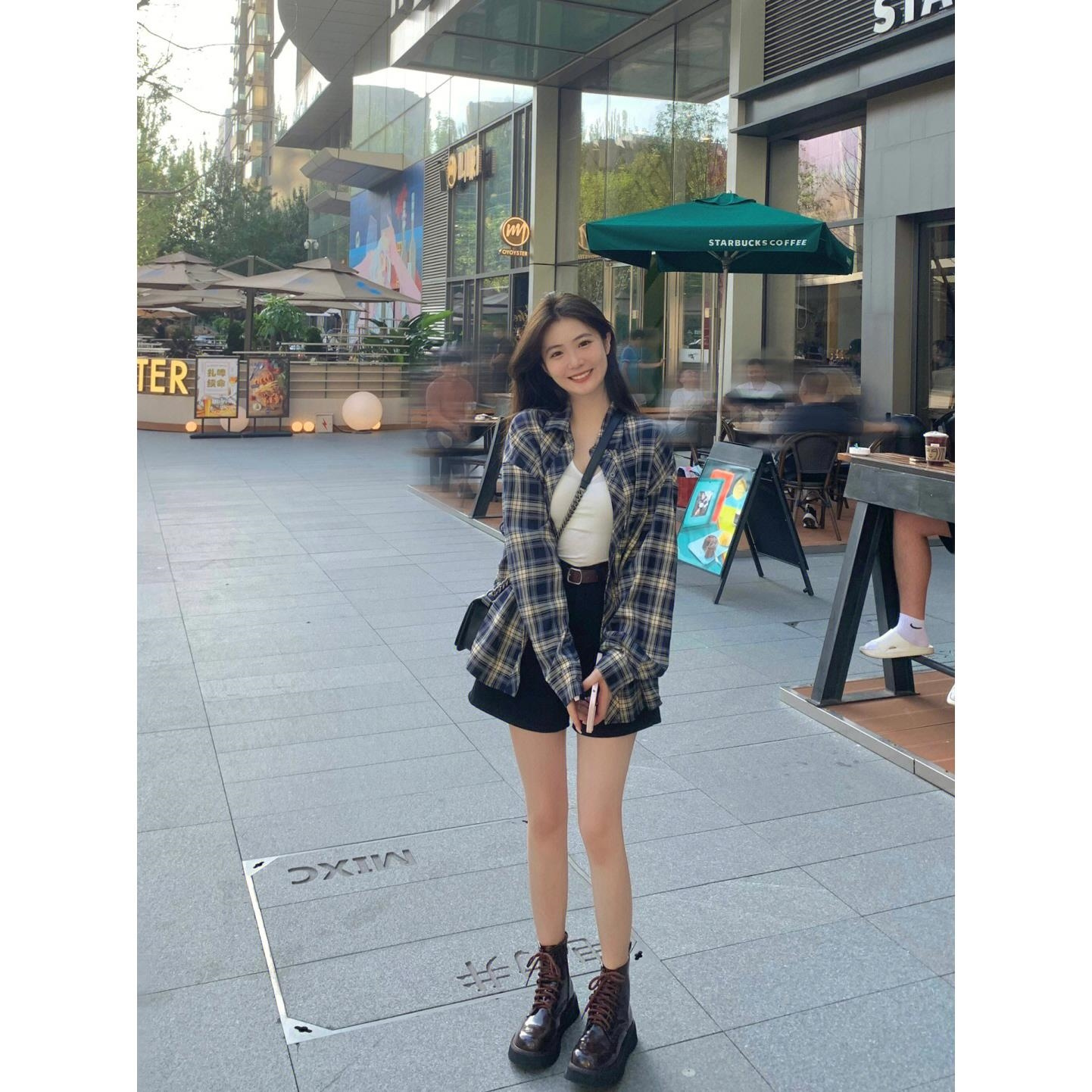 Power style wear plaid shirt women lazy style retro loose shirt cardigan jacket long-sleeved top spring and autumn