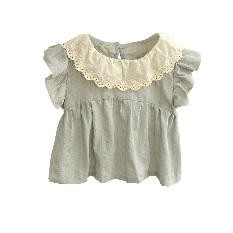 女童短袖衬衫夏季2023新款宝宝娃娃领小衫洋气韩版童装婴儿娃娃衫