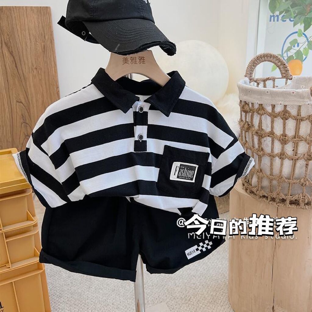 男童夏裝短袖POLO衫套裝2023韓版新款棉質條紋洋氣翻領男寶短褲潮