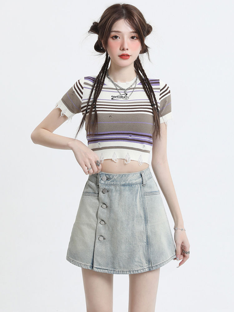 Light blue high-waist denim shorts women's culottes summer 2023 new slim a-line short skirt hip-covering half-length skirt