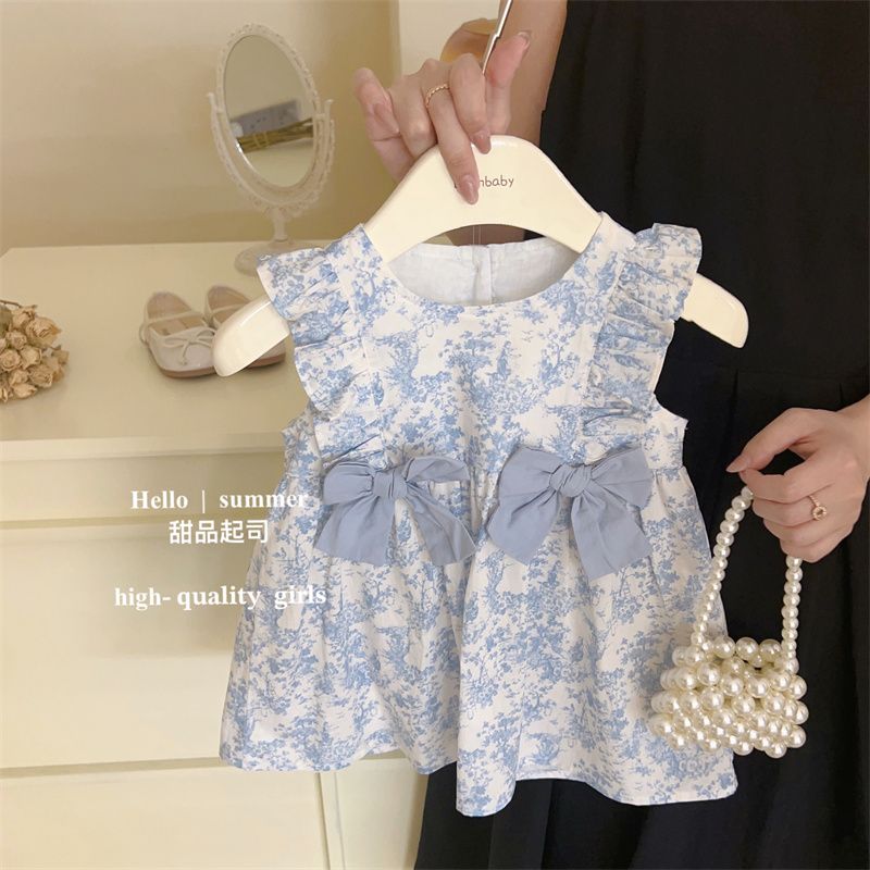 Girls' French retro floral dress summer new style children's fashionable bow princess dress fashionable baby girl