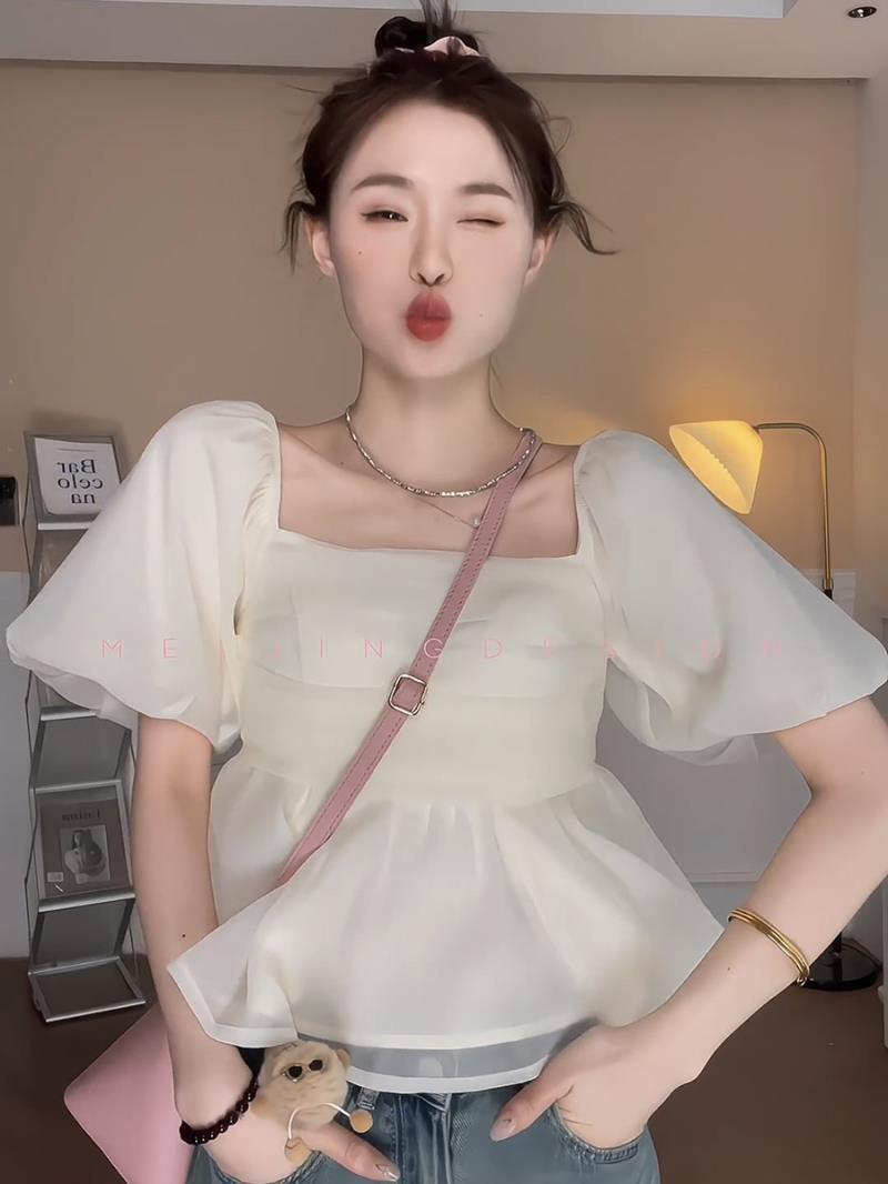 French one-word collar off-the-shoulder sweet chiffon green shirt women's  summer new slim fit thin cover belly top