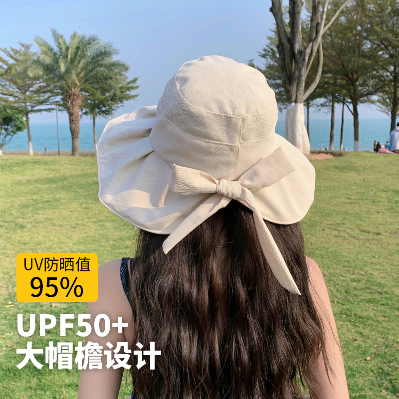 New sun protection hat for women, summer black plastic anti-UV bow fisherman hat to cover face, large brim sun hat